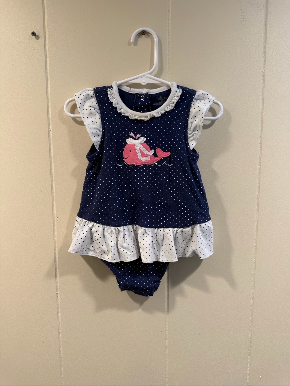 Little Me Navy Polka Dot Whale Ruffle Romper with Pink Applique